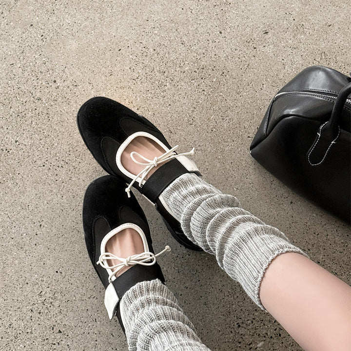 Ballerines Mary Jane Velcro avec nœud chic pour femmes en cuir suédé doux en marron/noir/rouge