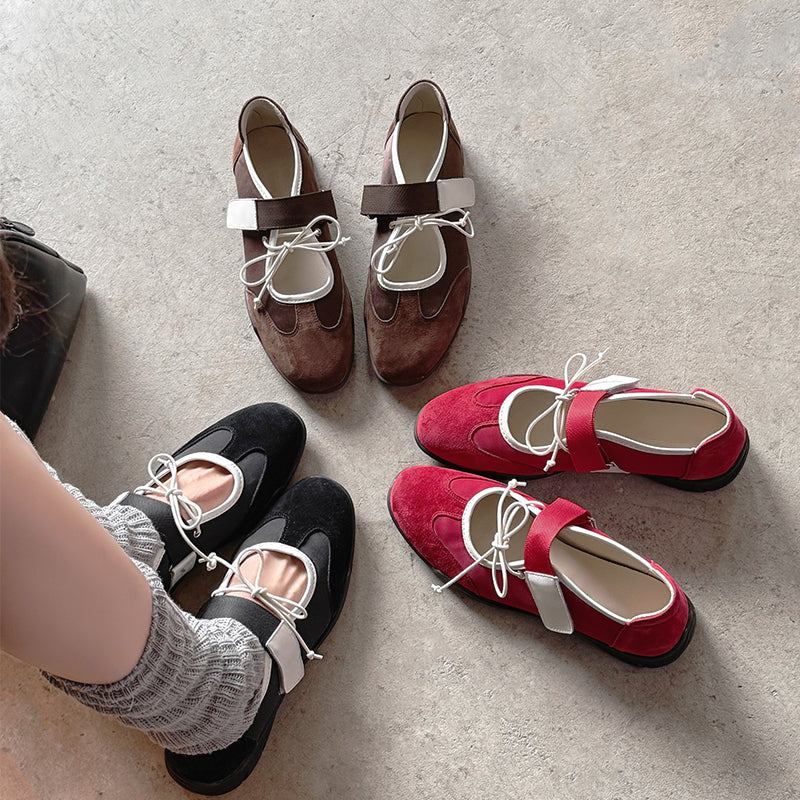 Ballerines Mary Jane Velcro avec nœud chic pour femmes en cuir suédé doux en marron/noir/rouge