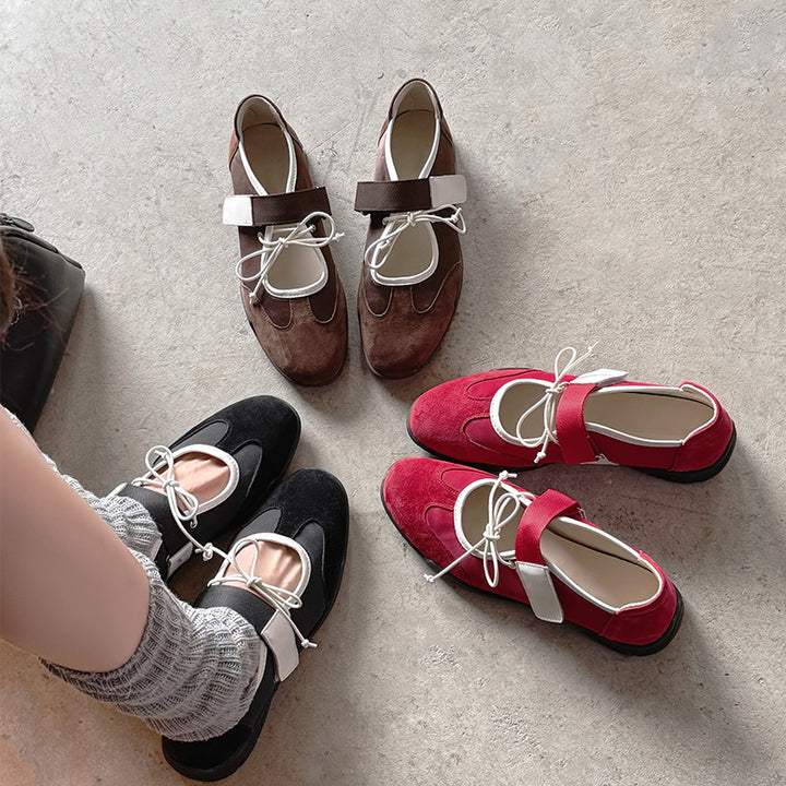 Ballerines Mary Jane Velcro avec nœud chic pour femmes en cuir suédé doux en marron/noir/rouge