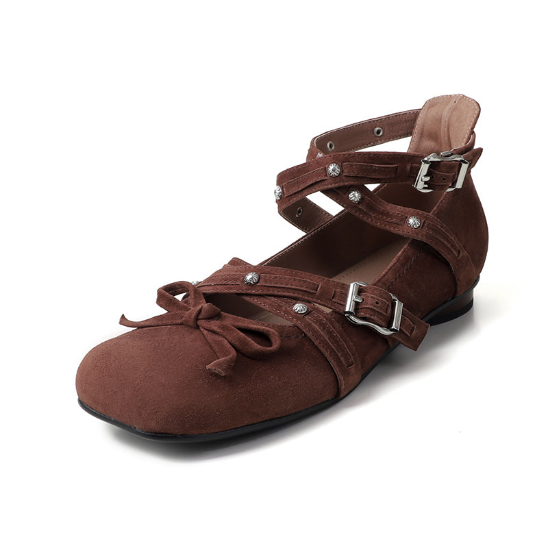 Ballerines Mary Jane à plusieurs sangles cloutées en cuir style ballet pour femmes en rouge/marron/noir