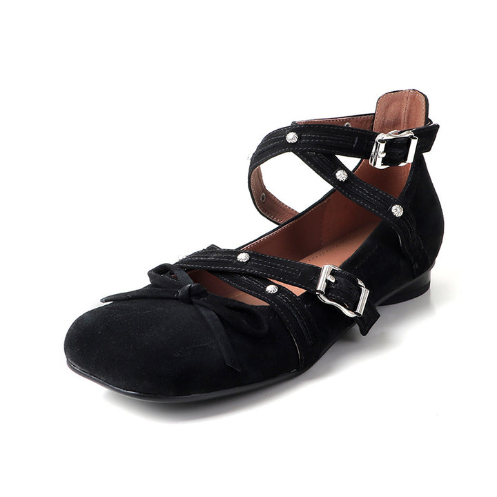 Ballerines Mary Jane à plusieurs sangles cloutées en cuir style ballet pour femmes en rouge/marron/noir