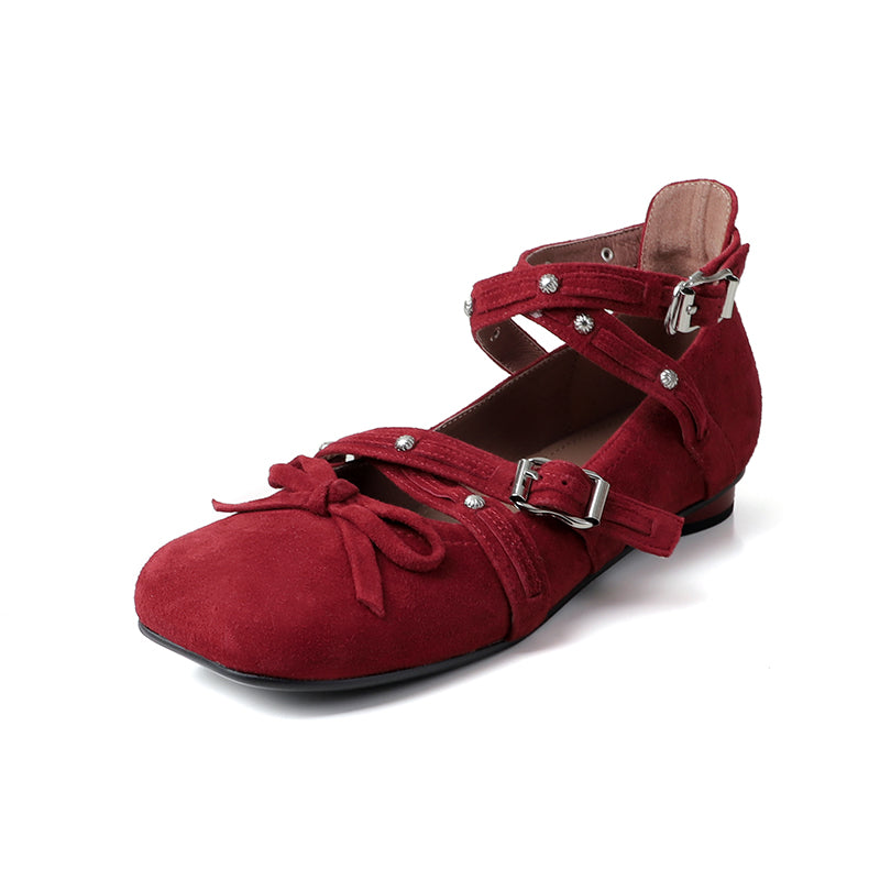 Ballerines Mary Jane à plusieurs sangles cloutées en cuir style ballet pour femmes en rouge/marron/noir