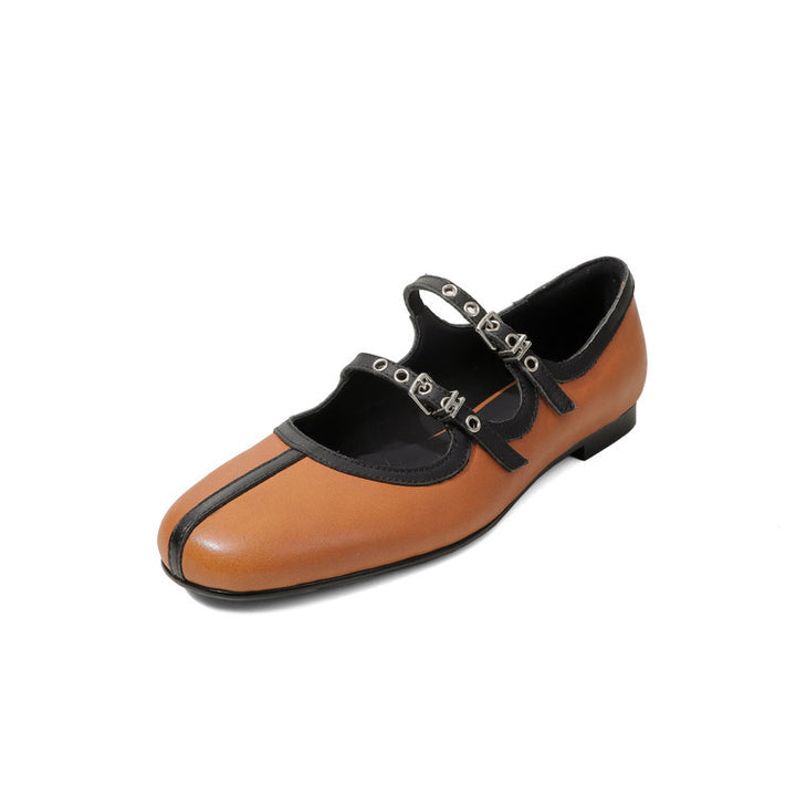 Ballerines Mary Jane à double sangle bicolore en cuir de vache fait main en rouge/jaune