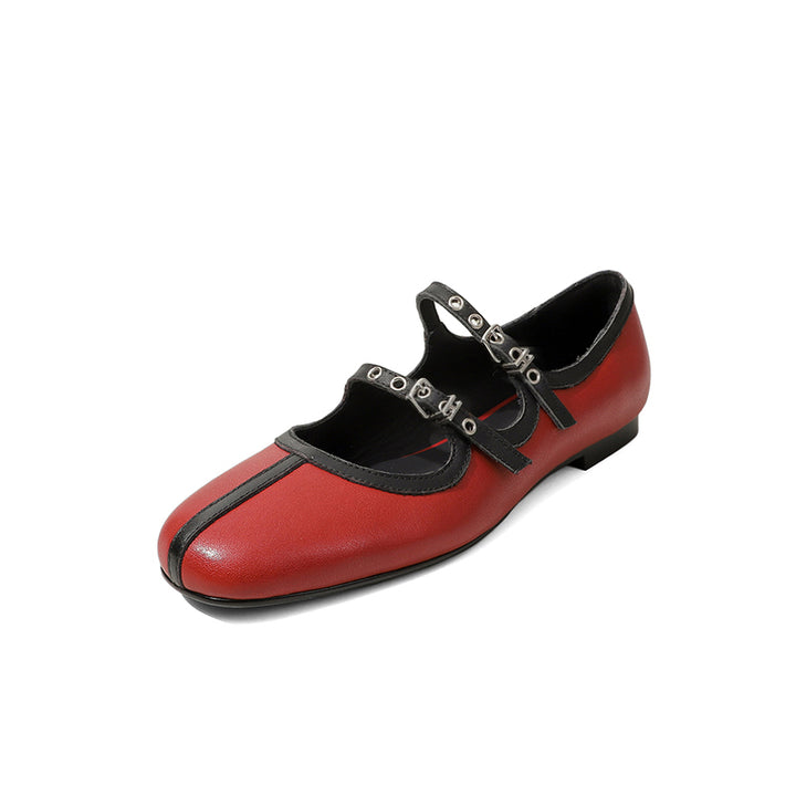 Ballerines Mary Jane à double sangle bicolore en cuir de vache fait main en rouge/jaune