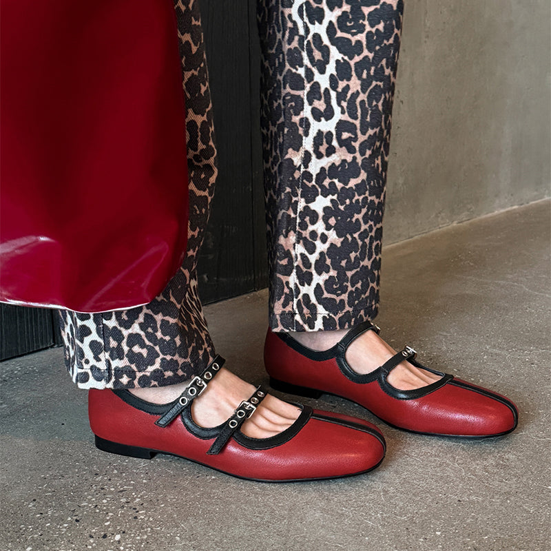 Ballerines Mary Jane à double sangle bicolore en cuir de vache fait main en rouge/jaune