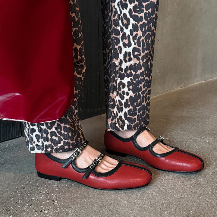 Ballerines Mary Jane à double sangle bicolore en cuir de vache fait main en rouge/jaune
