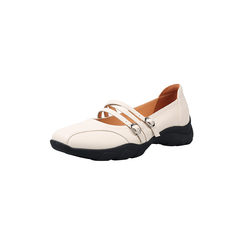 Chaussures Mary Jane à triple sangle en cuir de vache souple pour femmes en argent/beige