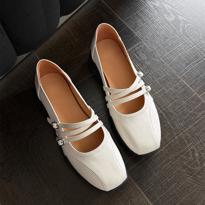 Chaussures Mary Jane à triple sangle en cuir de vache souple pour femmes en argent/beige