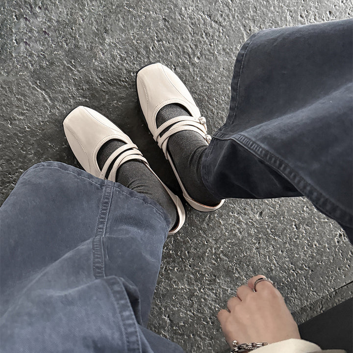 Chaussures Mary Jane à triple sangle en cuir de vache souple pour femmes en argent/beige