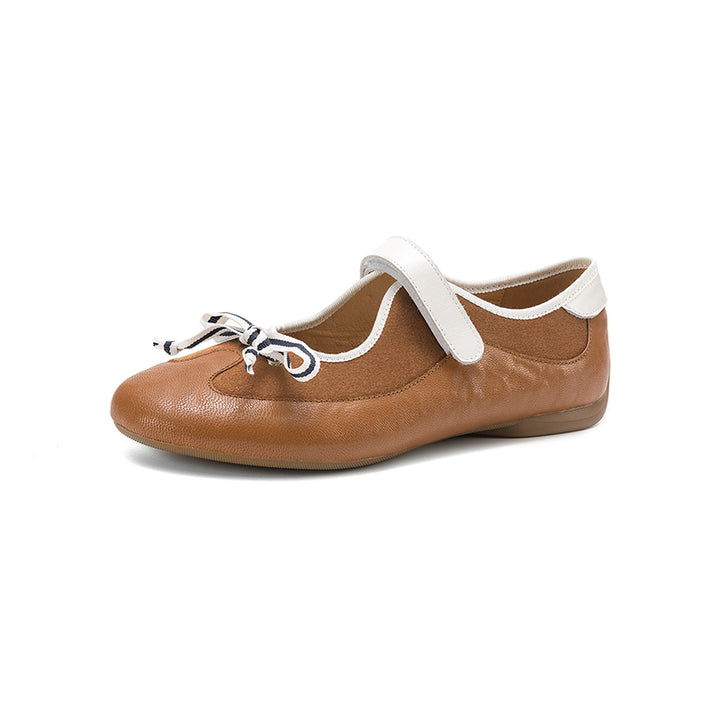 Ballerines Mary Jane Colorblock avec nœud pour femmes en cuir avec sangle Velcro en jaune/marron/noir
