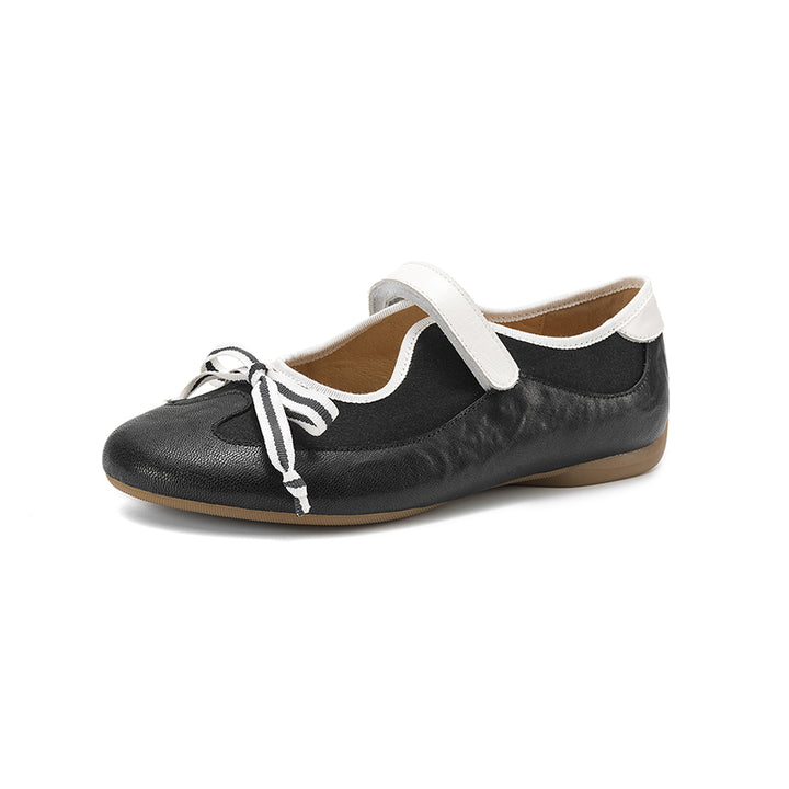 Ballerines Mary Jane Colorblock avec nœud pour femmes en cuir avec sangle Velcro en jaune/marron/noir