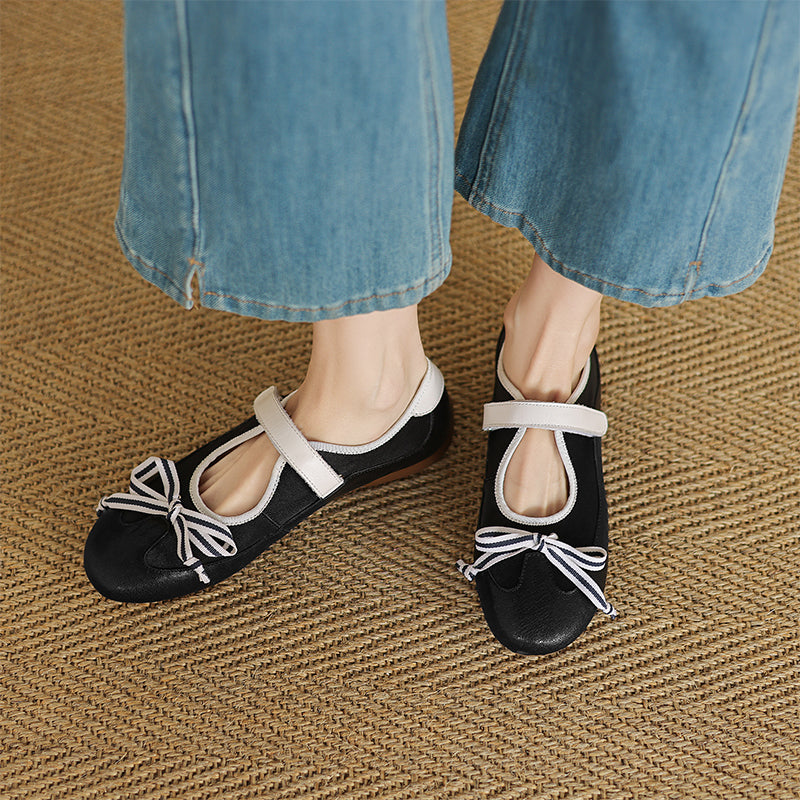 Ballerines Mary Jane Colorblock avec nœud pour femmes en cuir avec sangle Velcro en jaune/marron/noir
