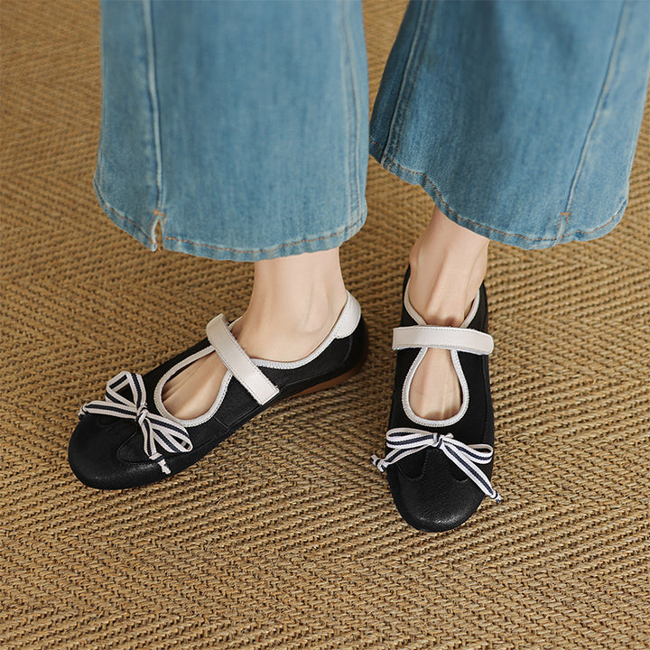Ballerines Mary Jane Colorblock avec nœud pour femmes en cuir avec sangle Velcro en jaune/marron/noir