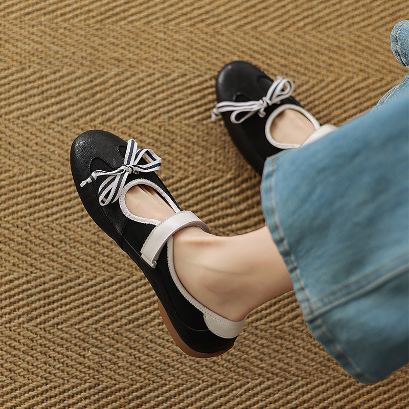 Ballerines Mary Jane Colorblock avec nœud pour femmes en cuir avec sangle Velcro en jaune/marron/noir