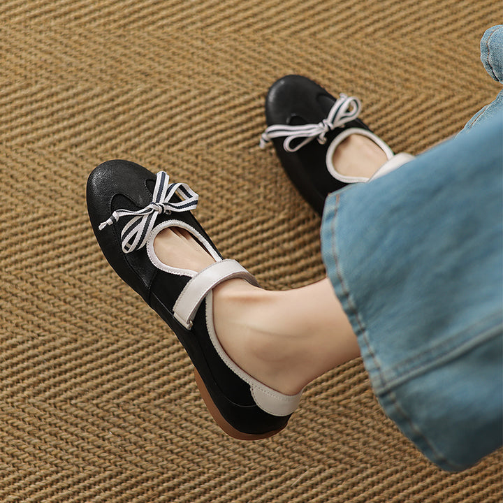 Ballerines Mary Jane Colorblock avec nœud pour femmes en cuir avec sangle Velcro en jaune/marron/noir