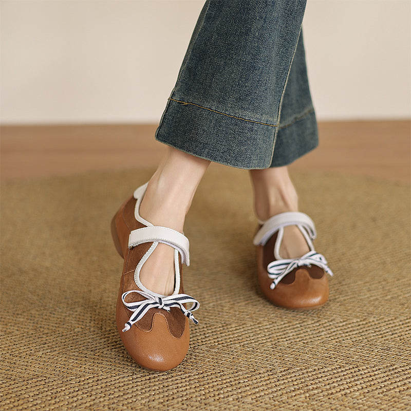 Ballerines Mary Jane Colorblock avec nœud pour femmes en cuir avec sangle Velcro en jaune/marron/noir