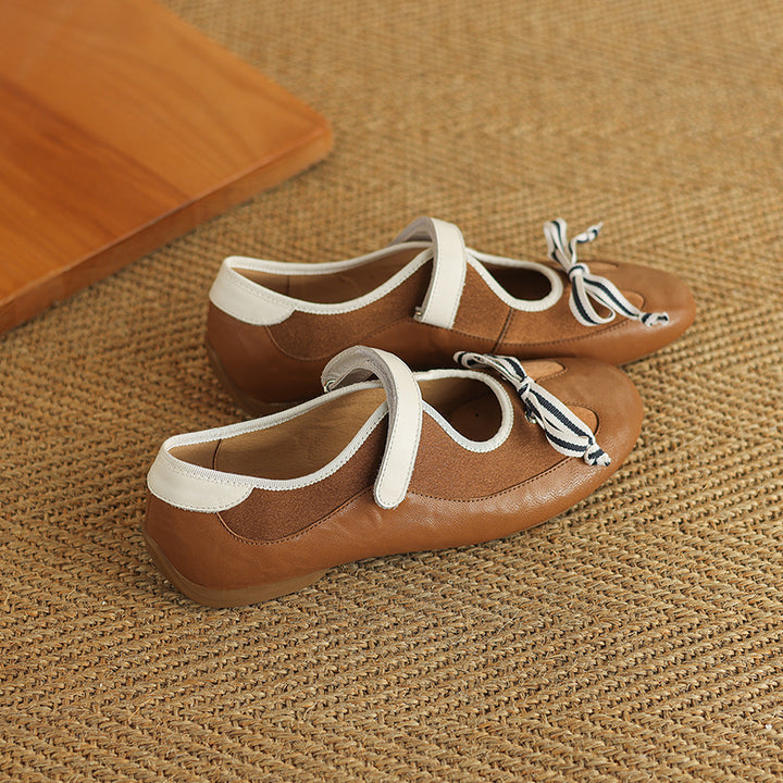 Ballerines Mary Jane Colorblock avec nœud pour femmes en cuir avec sangle Velcro en jaune/marron/noir