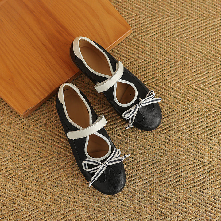 Ballerines Mary Jane Colorblock avec nœud pour femmes en cuir avec sangle Velcro en jaune/marron/noir
