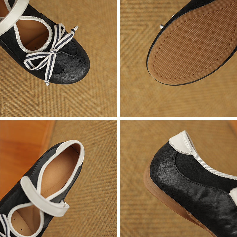 Ballerines Mary Jane Colorblock avec nœud pour femmes en cuir avec sangle Velcro en jaune/marron/noir
