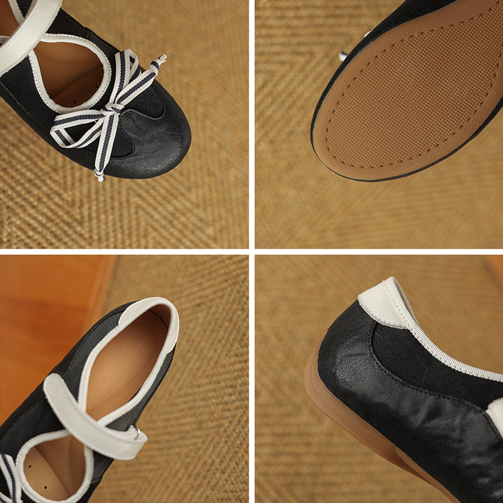 Ballerines Mary Jane Colorblock avec nœud pour femmes en cuir avec sangle Velcro en jaune/marron/noir