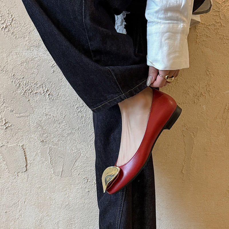 Ballerines en cuir de vache embellies pour femmes, chaussures élégantes à enfiler en jaune/rouge/noir