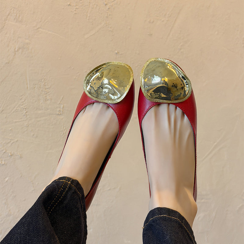 Ballerines en cuir de vache embellies pour femmes, chaussures élégantes à enfiler en jaune/rouge/noir