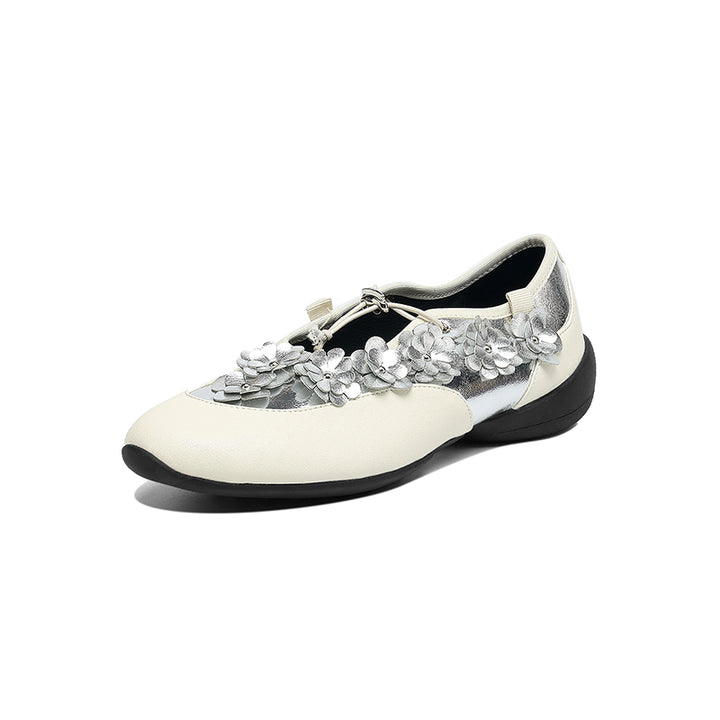 Mary Janes en cuir de vache avec appliqué floral 3D élégant pour femmes en blanc/noir