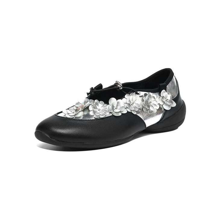 Mary Janes en cuir de vache avec appliqué floral 3D élégant pour femmes en blanc/noir
