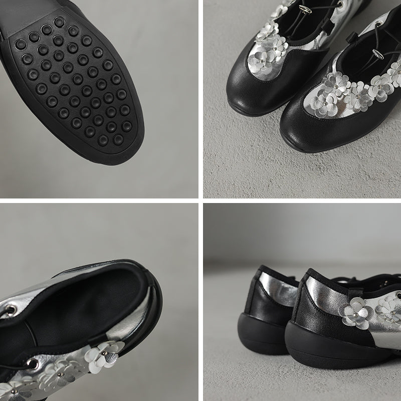 Mary Janes en cuir de vache avec appliqué floral 3D élégant pour femmes en blanc/noir