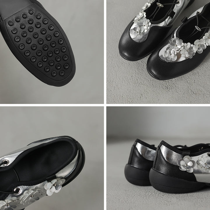 Mary Janes en cuir de vache avec appliqué floral 3D élégant pour femmes en blanc/noir