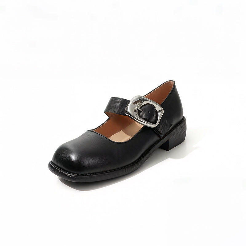 Chaussures Mary Jane en cuir fait main à boucle et bout carré rétro en noir/marron