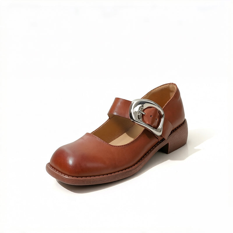 Chaussures Mary Jane en cuir fait main à boucle et bout carré rétro en noir/marron