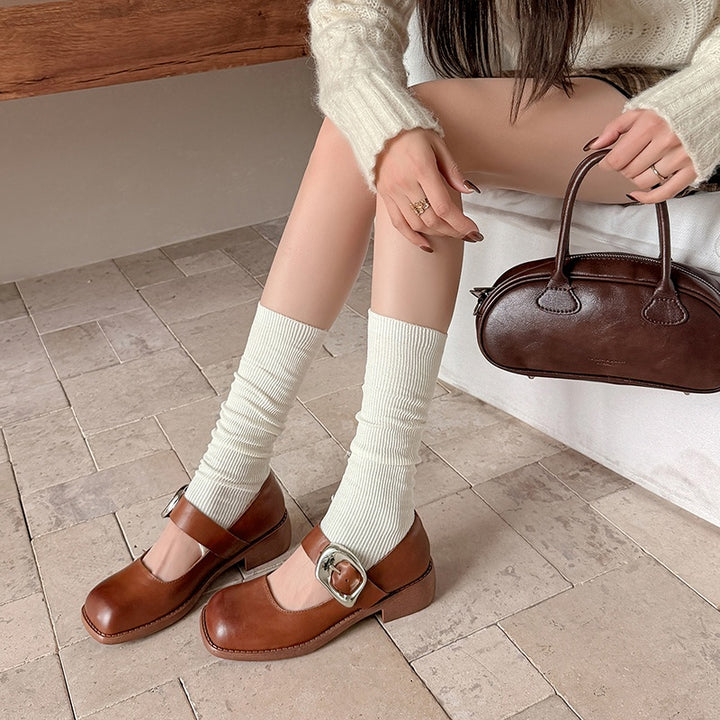 Chaussures Mary Jane en cuir fait main à boucle et bout carré rétro en noir/marron