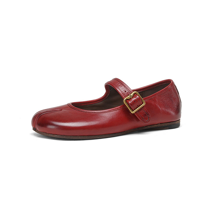 Ballerines Mary Jane en cuir lavé à bout fendu Tabi fait main en noir/rouge
