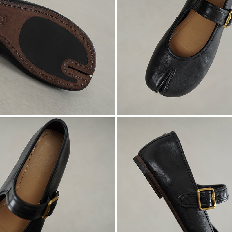 Ballerines Mary Jane en cuir lavé à bout fendu Tabi fait main en noir/rouge