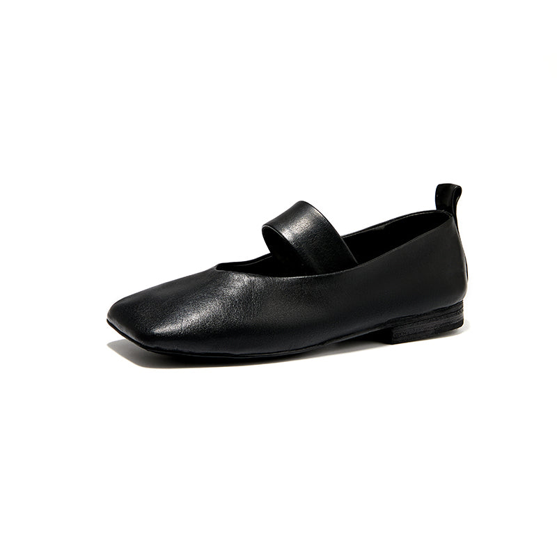 Ballerines Mary Jane en cuir de cheval fait main à bout carré minimaliste en noir/rouge