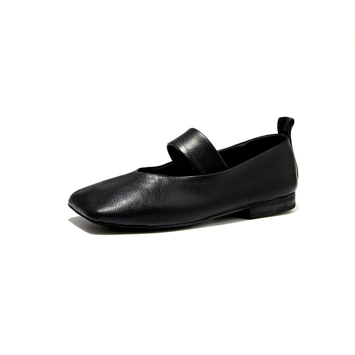 Ballerines Mary Jane en cuir de cheval fait main à bout carré minimaliste en noir/rouge