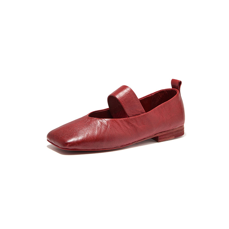 Ballerines Mary Jane en cuir de cheval fait main à bout carré minimaliste en noir/rouge