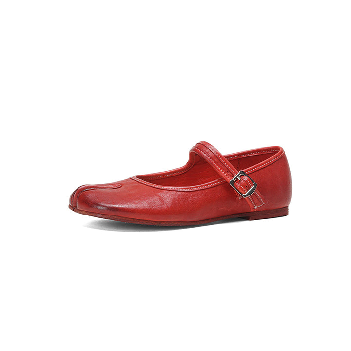 Ballerines Mary Jane en cuir de cheval lavé à bout fendu Tabi fait main en noir/rouge/marron/abricot
