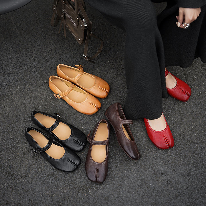 Ballerines Mary Jane en cuir de cheval lavé à bout fendu Tabi fait main en noir/rouge/marron/abricot