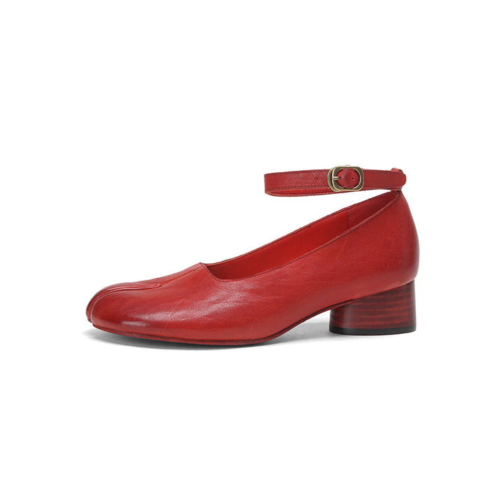 Chaussures Mary Jane en cuir de cheval lavé à bout fendu Tabi pour femmes en noir/rouge/marron/abricot