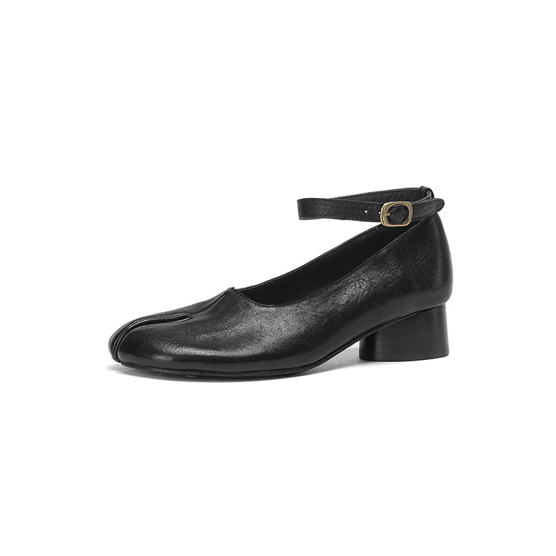 Chaussures Mary Jane en cuir de cheval lavé à bout fendu Tabi pour femmes en noir/rouge/marron/abricot