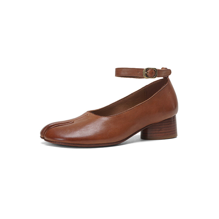 Chaussures Mary Jane en cuir de cheval lavé à bout fendu Tabi pour femmes en noir/rouge/marron/abricot
