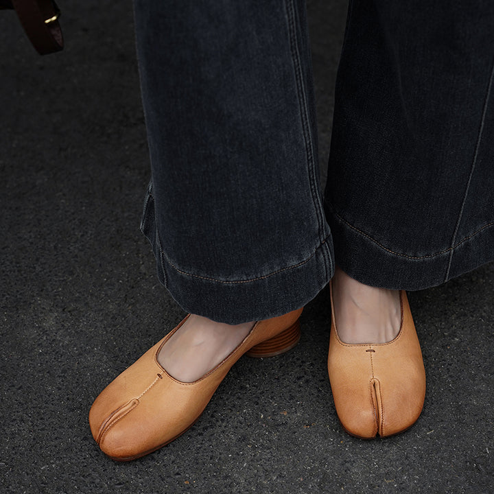 Chaussures Mary Jane en cuir de cheval lavé à bout fendu Tabi pour femmes en noir/rouge/marron/abricot