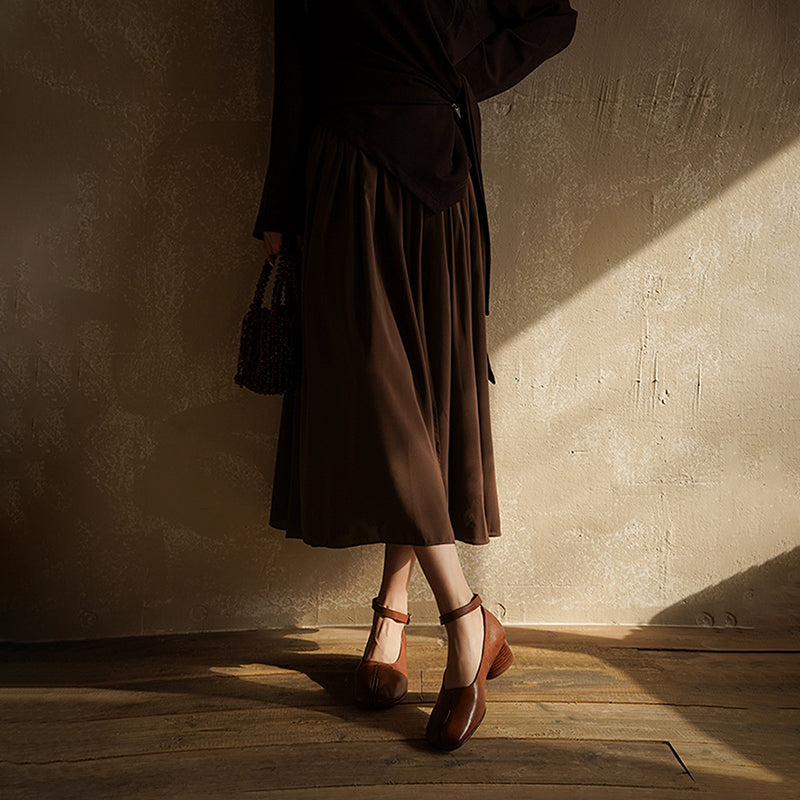 Chaussures Mary Jane en cuir de cheval lavé à bout fendu Tabi pour femmes en noir/rouge/marron/abricot