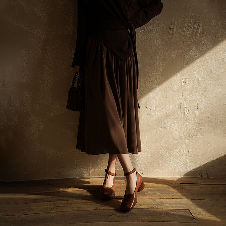 Chaussures Mary Jane en cuir de cheval lavé à bout fendu Tabi pour femmes en noir/rouge/marron/abricot