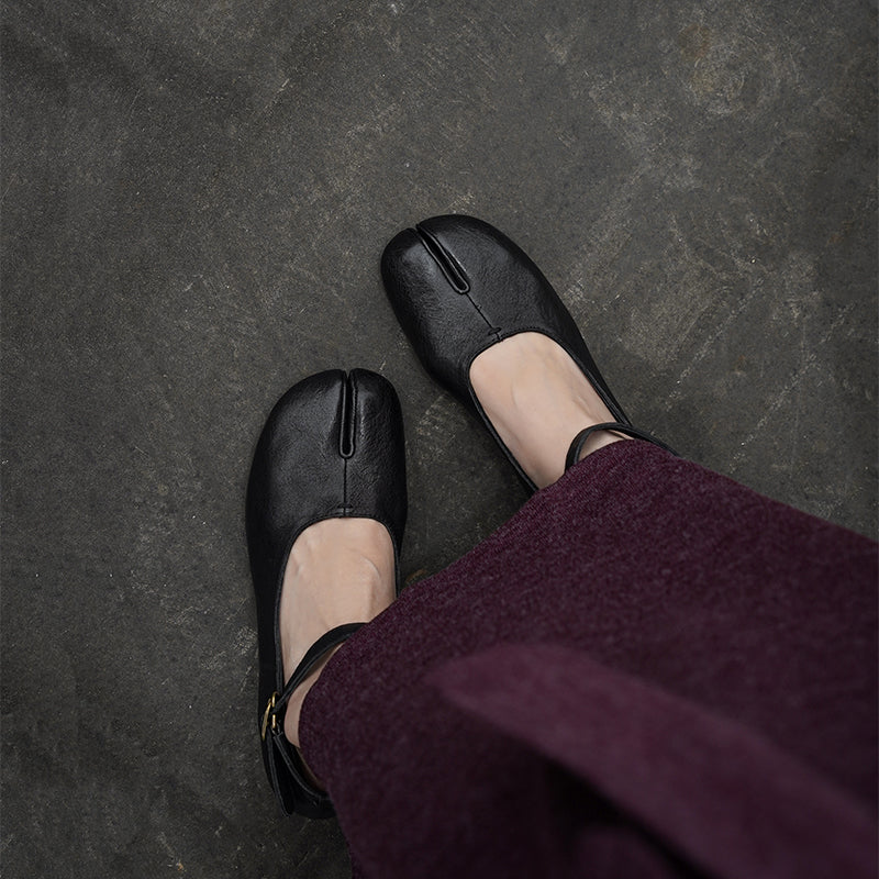 Chaussures Mary Jane en cuir de cheval lavé à bout fendu Tabi pour femmes en noir/rouge/marron/abricot