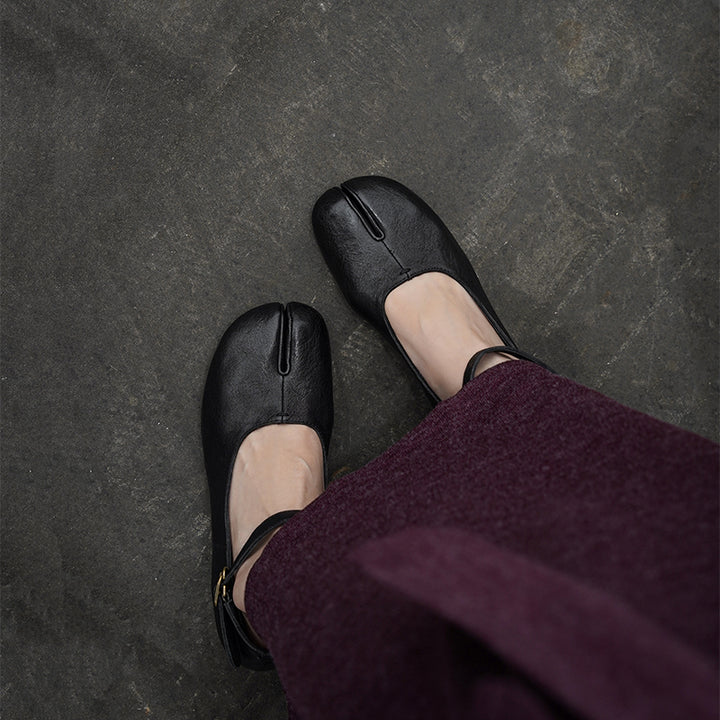 Chaussures Mary Jane en cuir de cheval lavé à bout fendu Tabi pour femmes en noir/rouge/marron/abricot