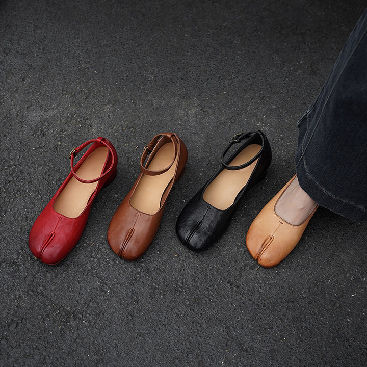 Chaussures Mary Jane en cuir de cheval lavé à bout fendu Tabi pour femmes en noir/rouge/marron/abricot