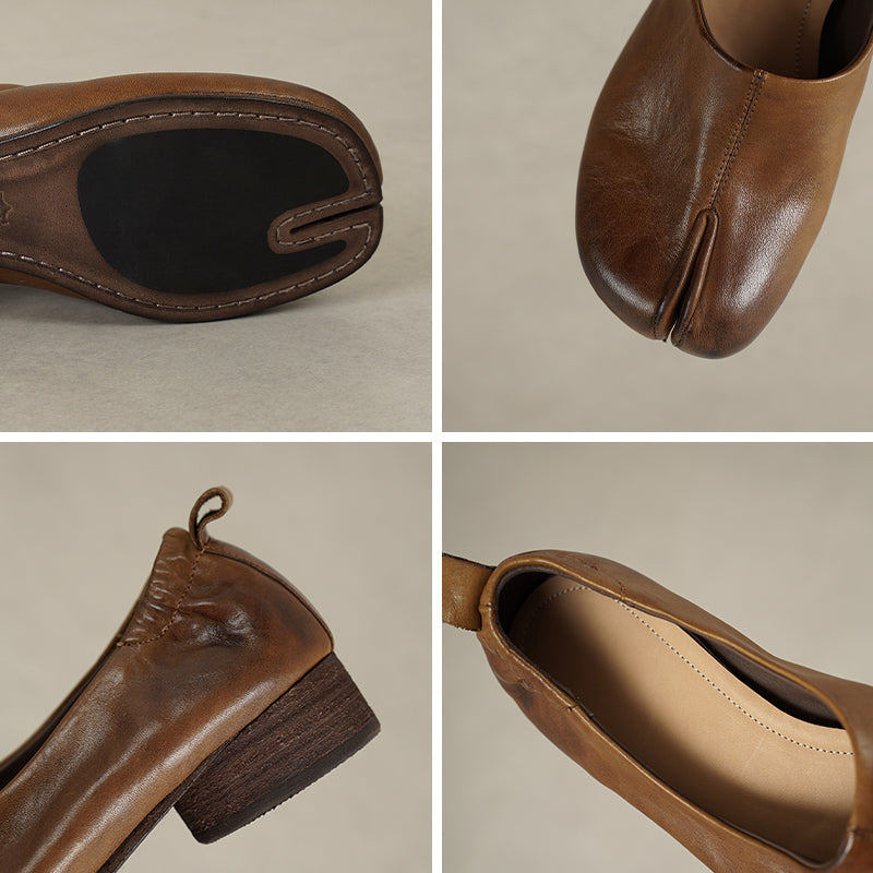 Mocassins à enfiler en cuir de vache lavé à bout fendu Tabi pour femmes en caramel/marron